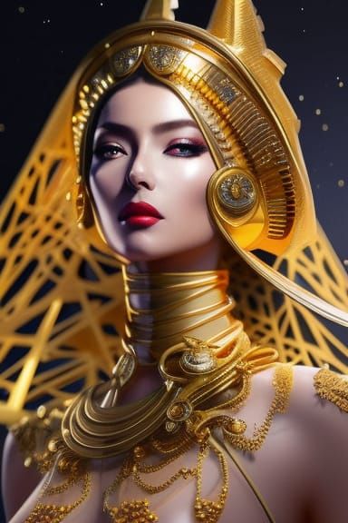 Futuristic Gold Anime Woman in Hyperdetailed Fantasy Art