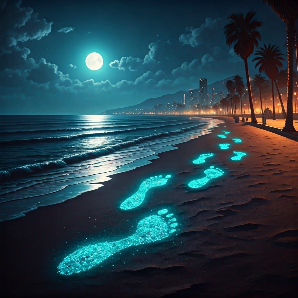 Glittering Footprints on Moonlit Beach in Retro Style