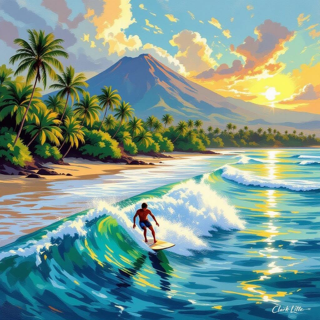 Serene Bali Surf Scene in Vibrant Indonesian Style