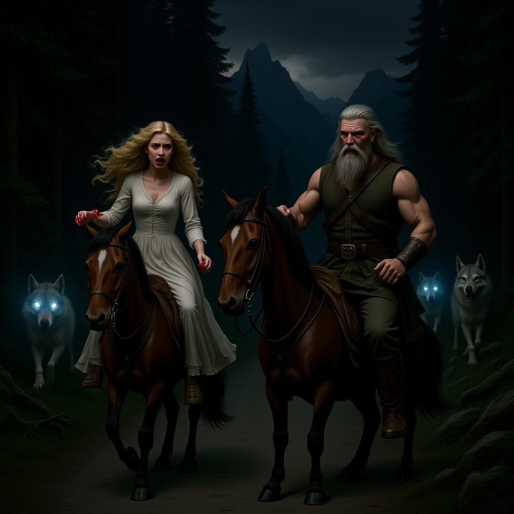 Dark Fantasy Viking Rescue Attempt Amidst Wolf Attack