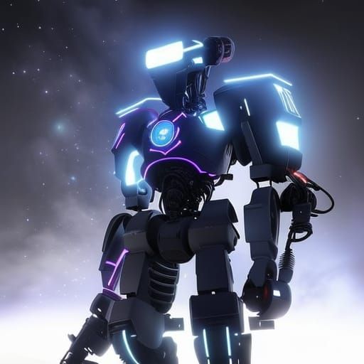 Luminescent Robot Bounty Hunter in Pin-Up Style