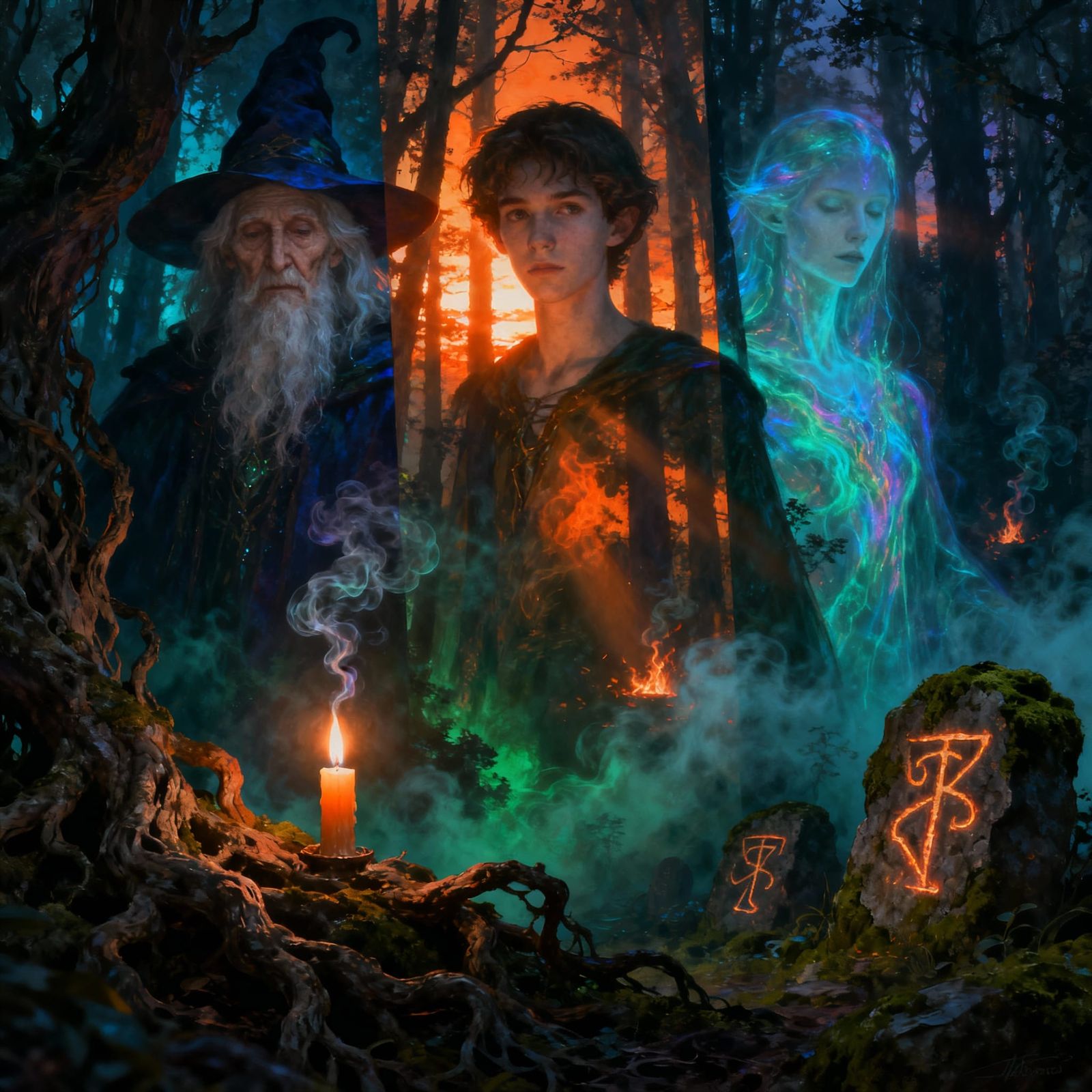 Three Witches in Ethereal Light and Shadow