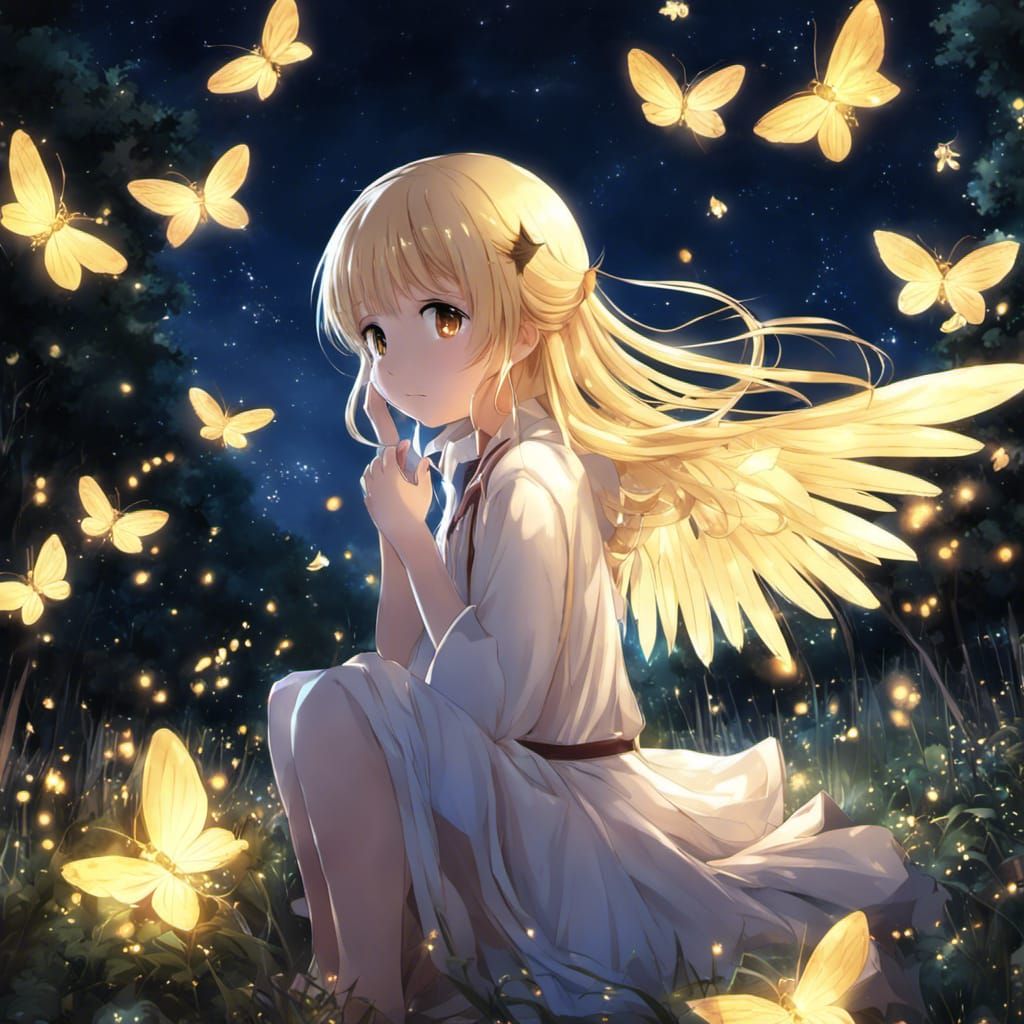 Anime Angel Surrounded by Fireflies at Night