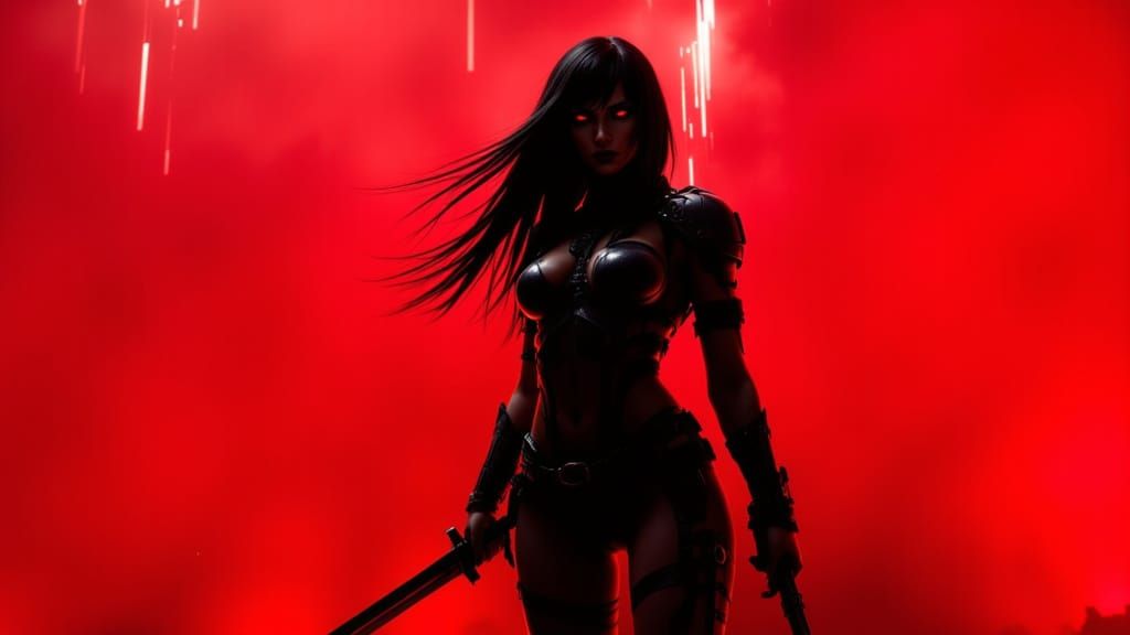 Glitch Art Zombie Warrior in Smokey Red Background