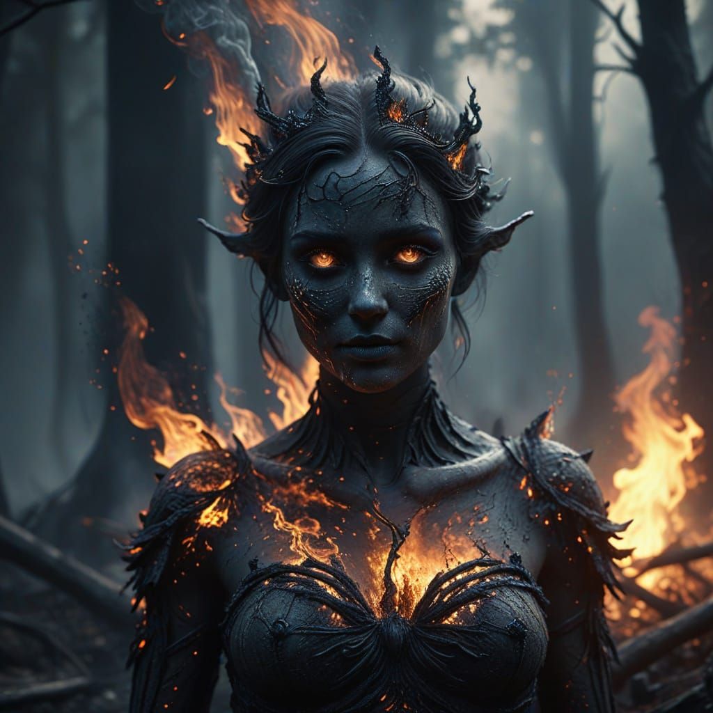 Smoke and Ash Fairy in Dark Forest 3D Rendering