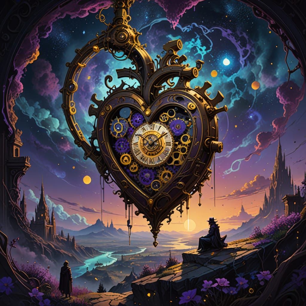 Surreal Clockwork Heart in Starry Nebula