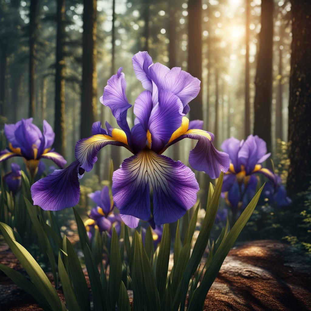 Hyperrealistic Iris Flower in Sunny Forest, Detailed Matte P...
