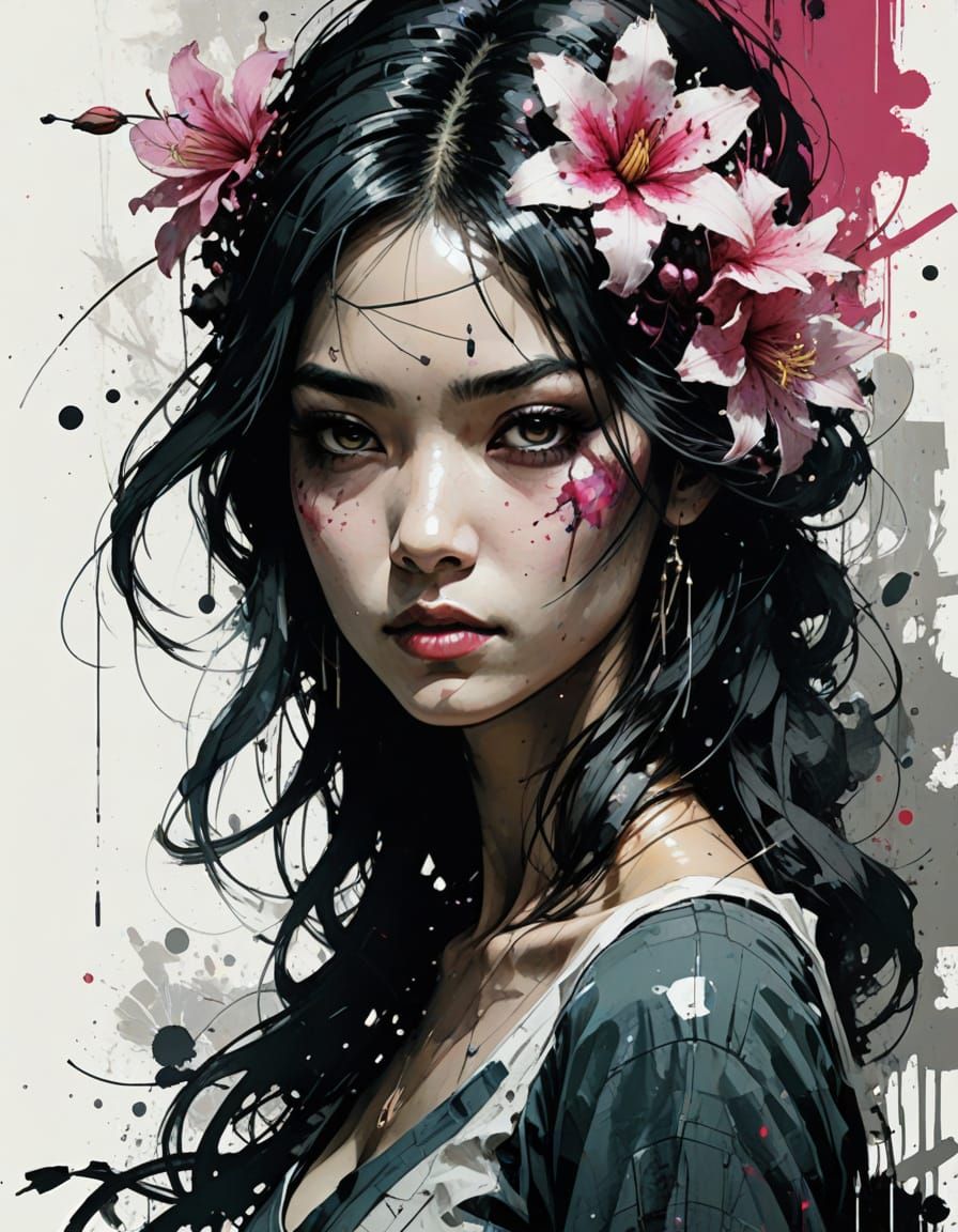 Pink Flower Princess Portrait in Splash Art Style