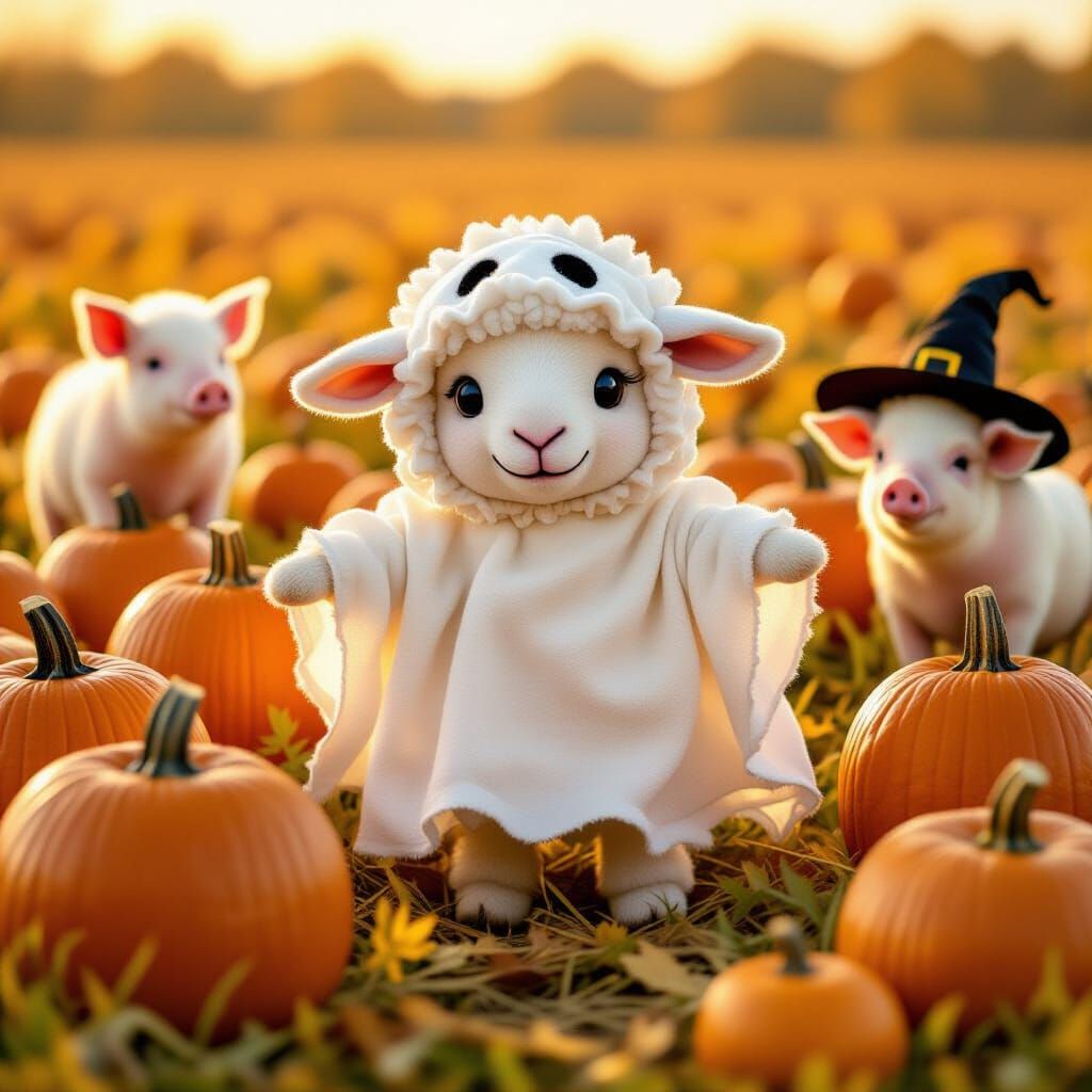 Whimsical Sheep Ghost Haunts Pumpkin Patch