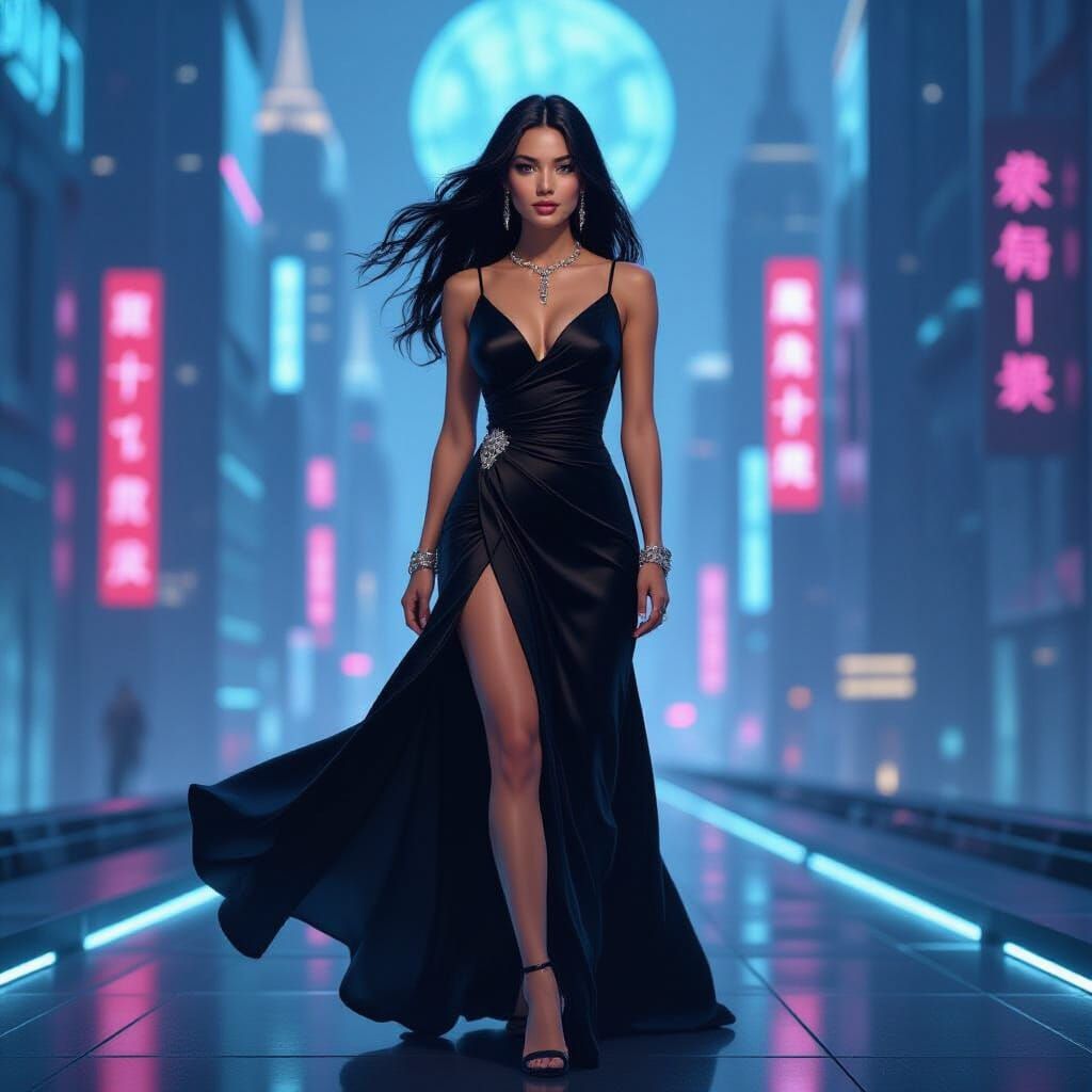 Futuristic Woman in Cityscape, Art Nouveau Style
