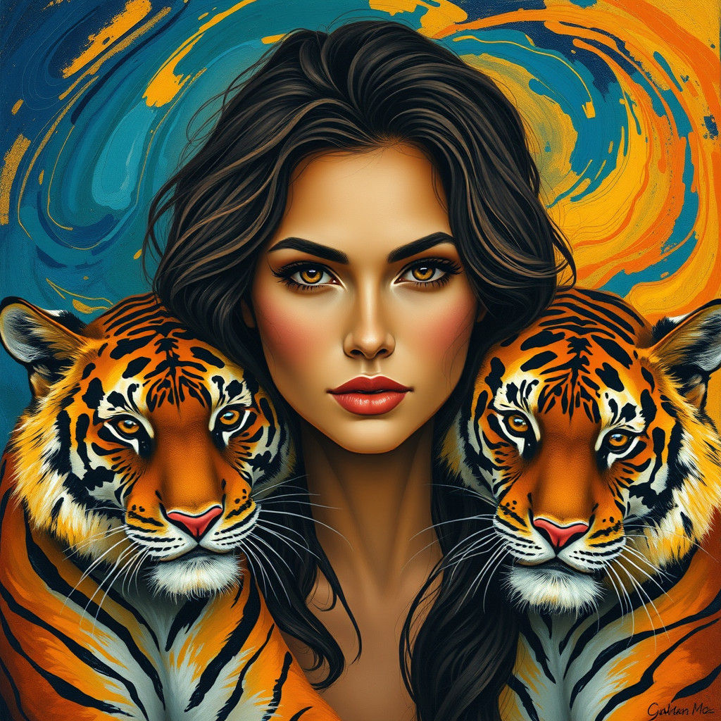 Woman with Tigers in Dynamic Abstract Style