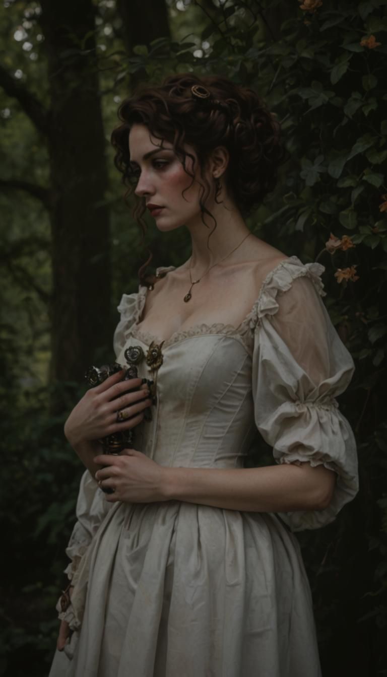 Steampunk Woman Holding Mechanical Heart in Garden