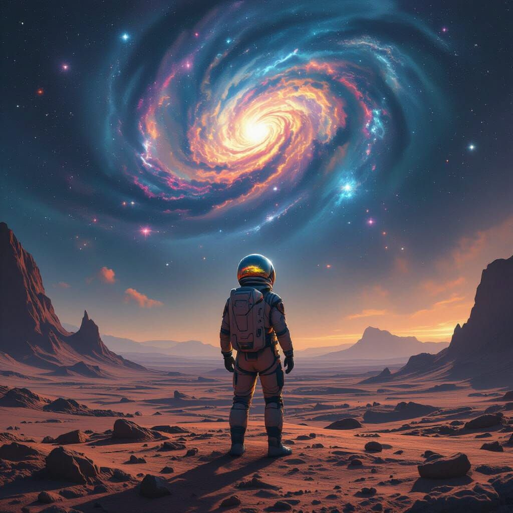 Astronaut on Alien Planet Gazing at Nebula in Space