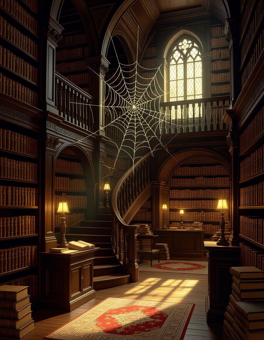 Cozy Mystery Library in Rich Oil Painting Style