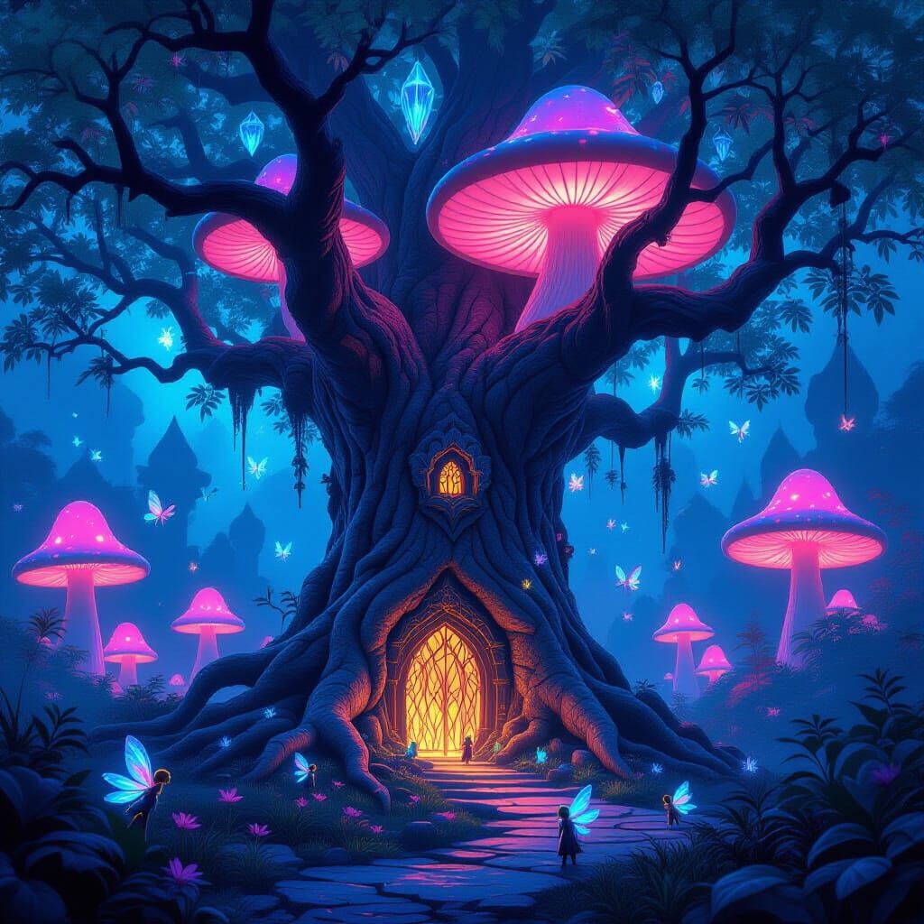 Crystal Tree Palace with Holographic Leaves and Fae Village