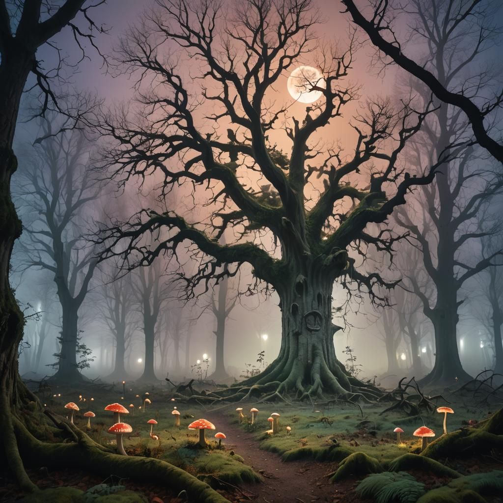 Mystical Forest Castle Under Moonlight in Fantastical Realis...