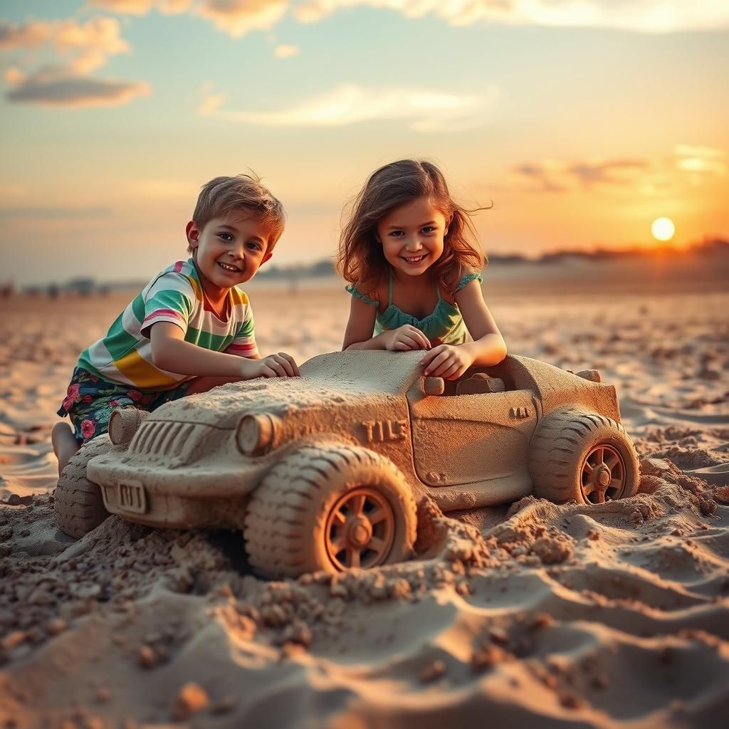 Children Crafting Fantasy Car Sand Sculpture