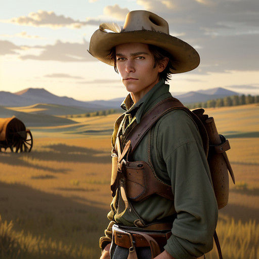 A young boy, around 12 years old, with a determined look on his face, stands beside a covered wagon, ready to embark on ...