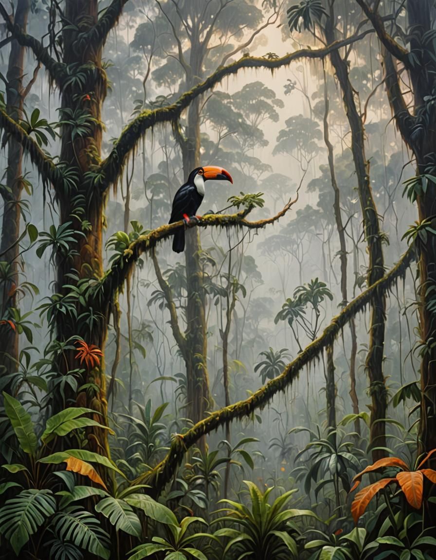 Toucans in rainforest.