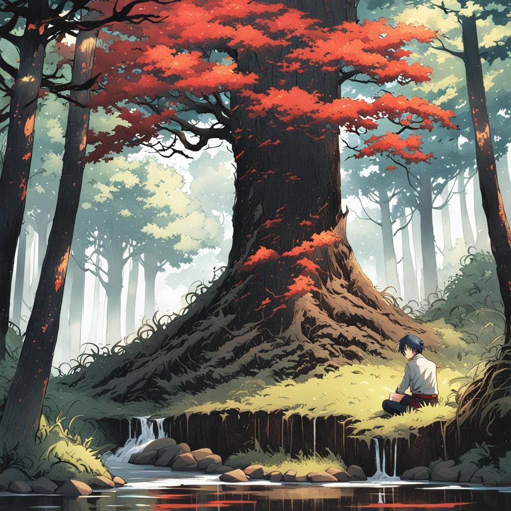 Man Resting in Blood-Red Anime Forest