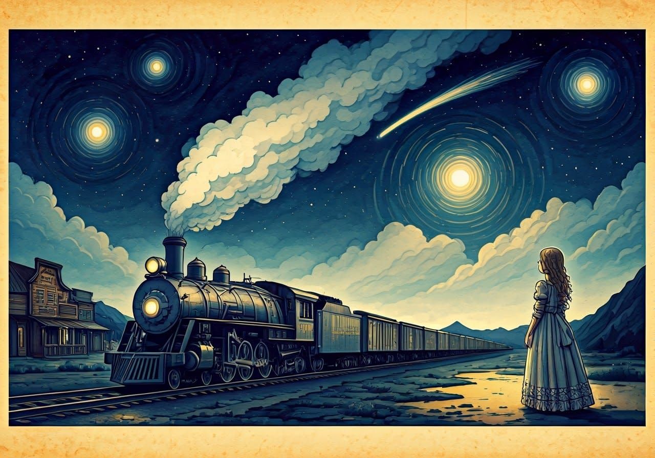 Whimsical Steampunk Night Scene with Train and Glowing Girl