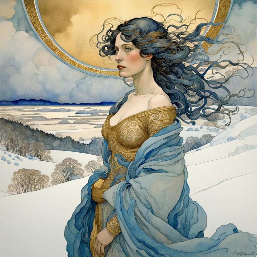 Winter Goddess in Storm, Art Nouveau Watercolor