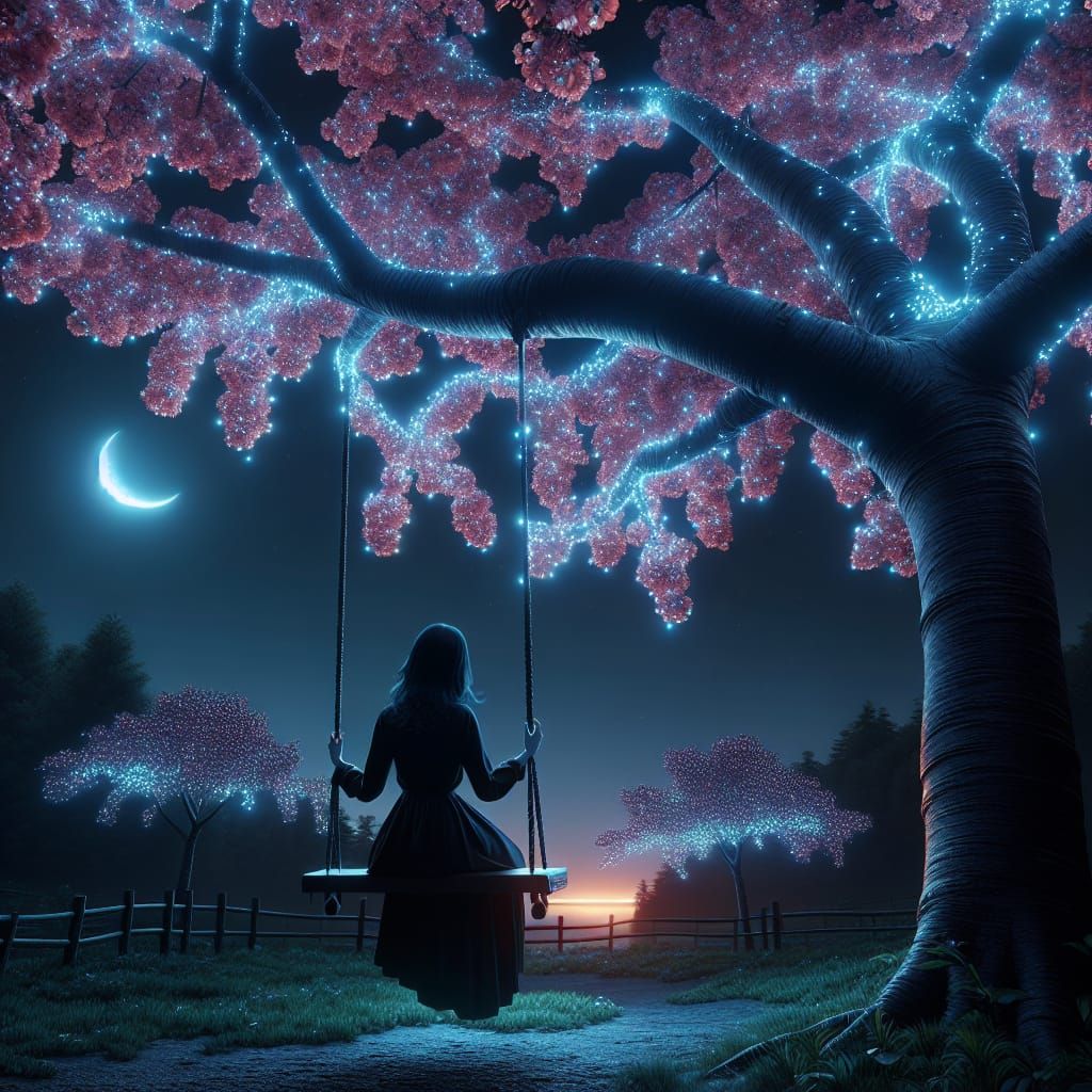 Woman Swings Under Enchanted Cherry Blossom Tree at Night