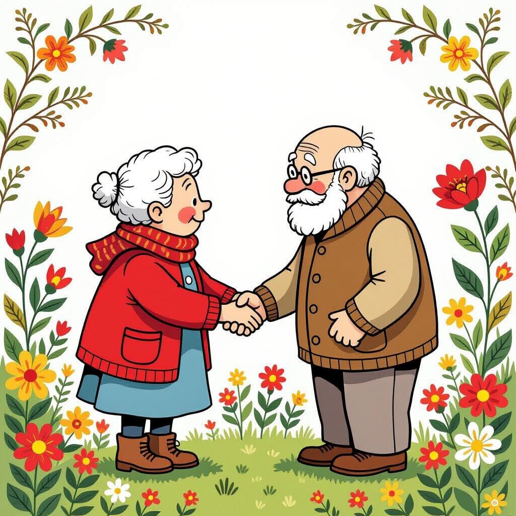 Grandparents Holding Hands in Whimsical Children's Book Illu...
