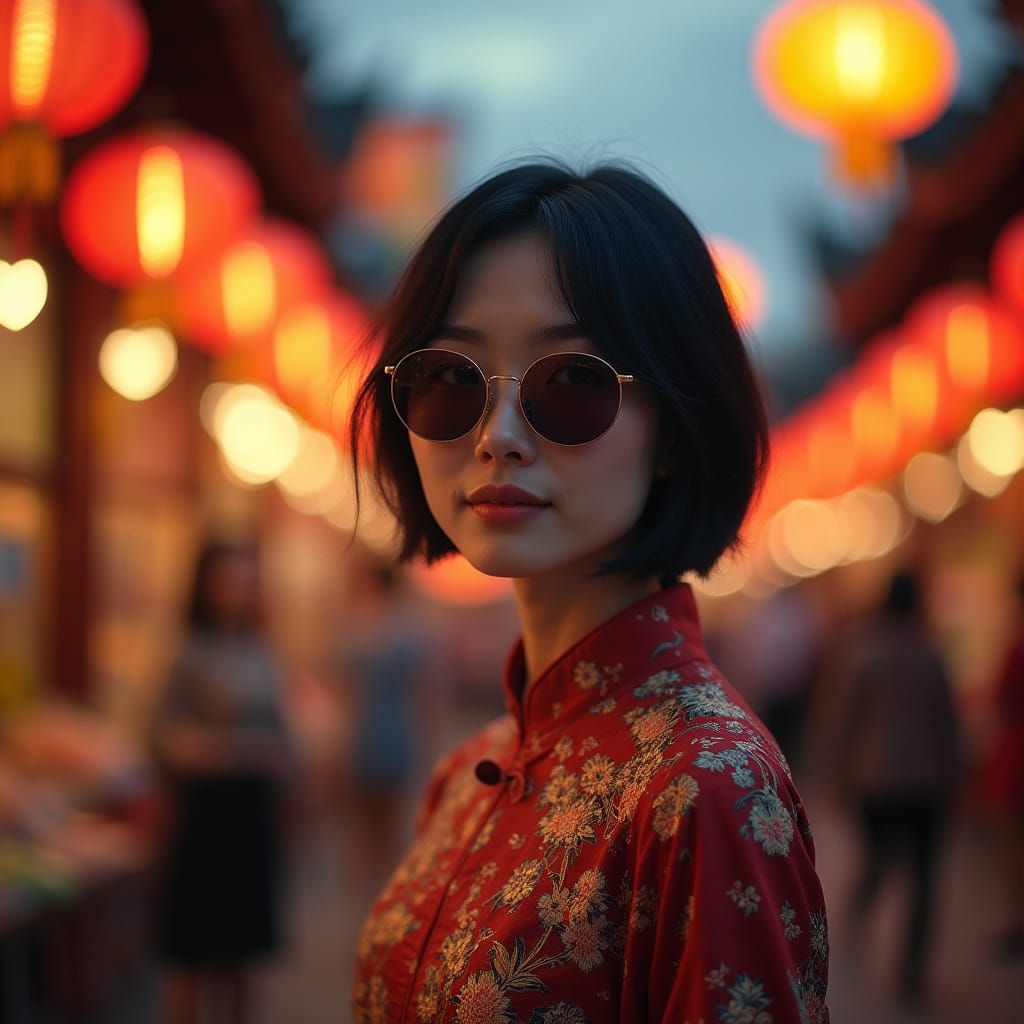 Asian Woman in Traditional Dress in Chinese Marketplace