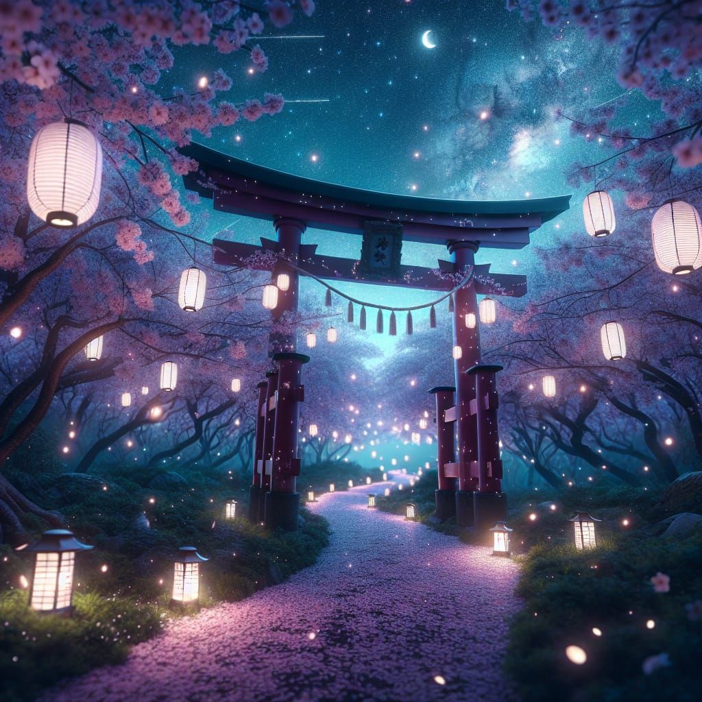 Mystical Torii Gate Under Starry Twilight Sky