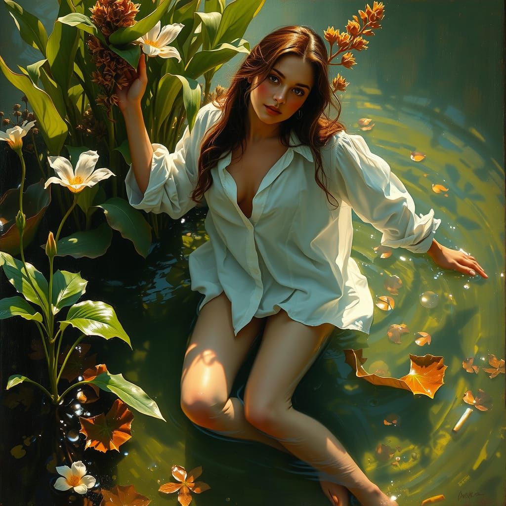 Luminous Water Nymph in Art Nouveau Impasto Painting