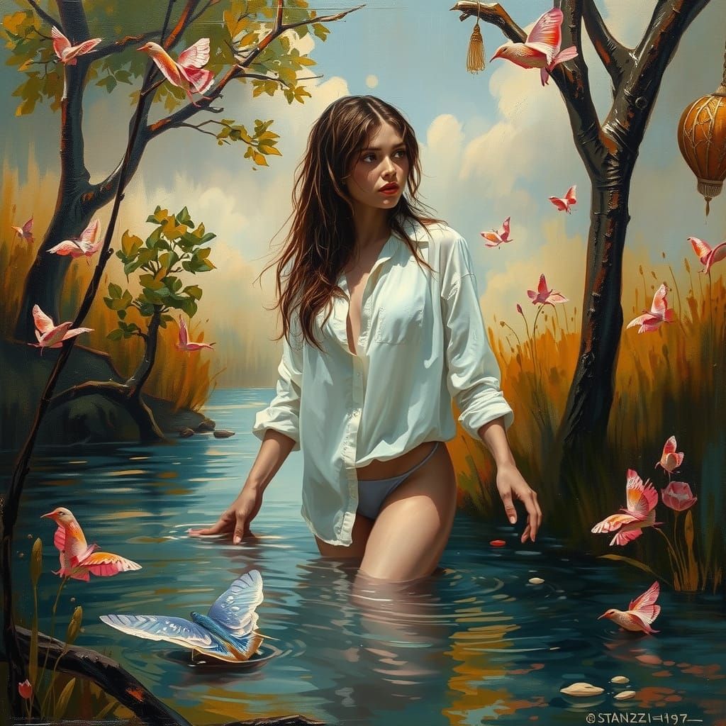 Luminous Water Nymph in Dreamy Landscape as Impasto Painting