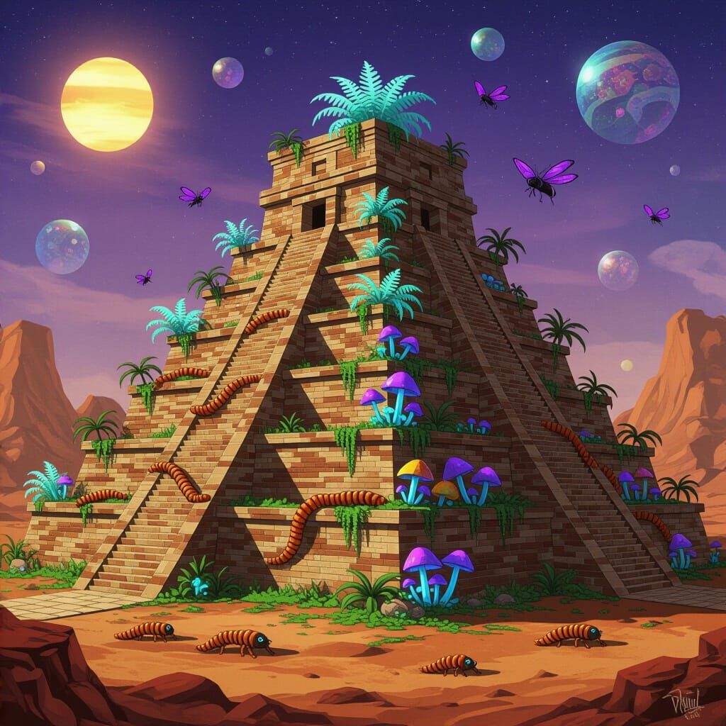 Alien Ziggurat Overgrown with Jungle, Graffiti Art