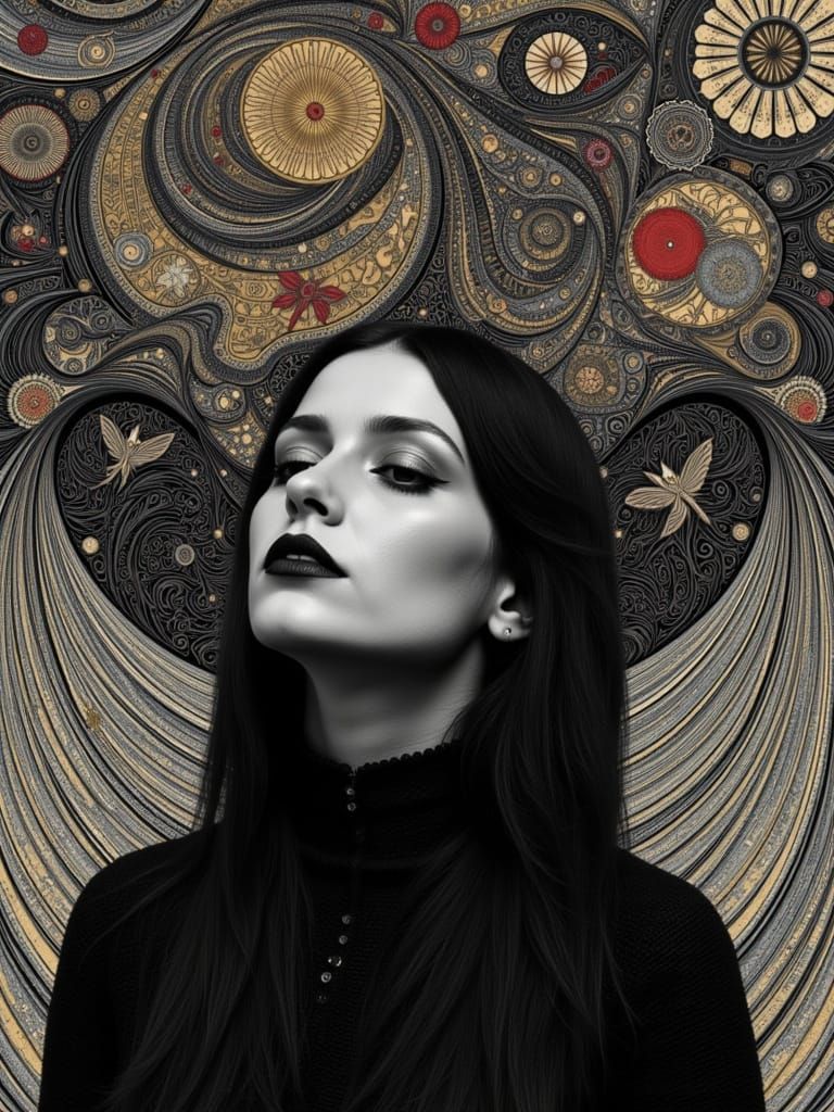 Gothic Woman Surrounded by Whispers in Surrealist Style