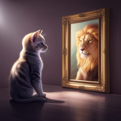 Kitten's Mirrored Majesty: Lion Reflection Portrait