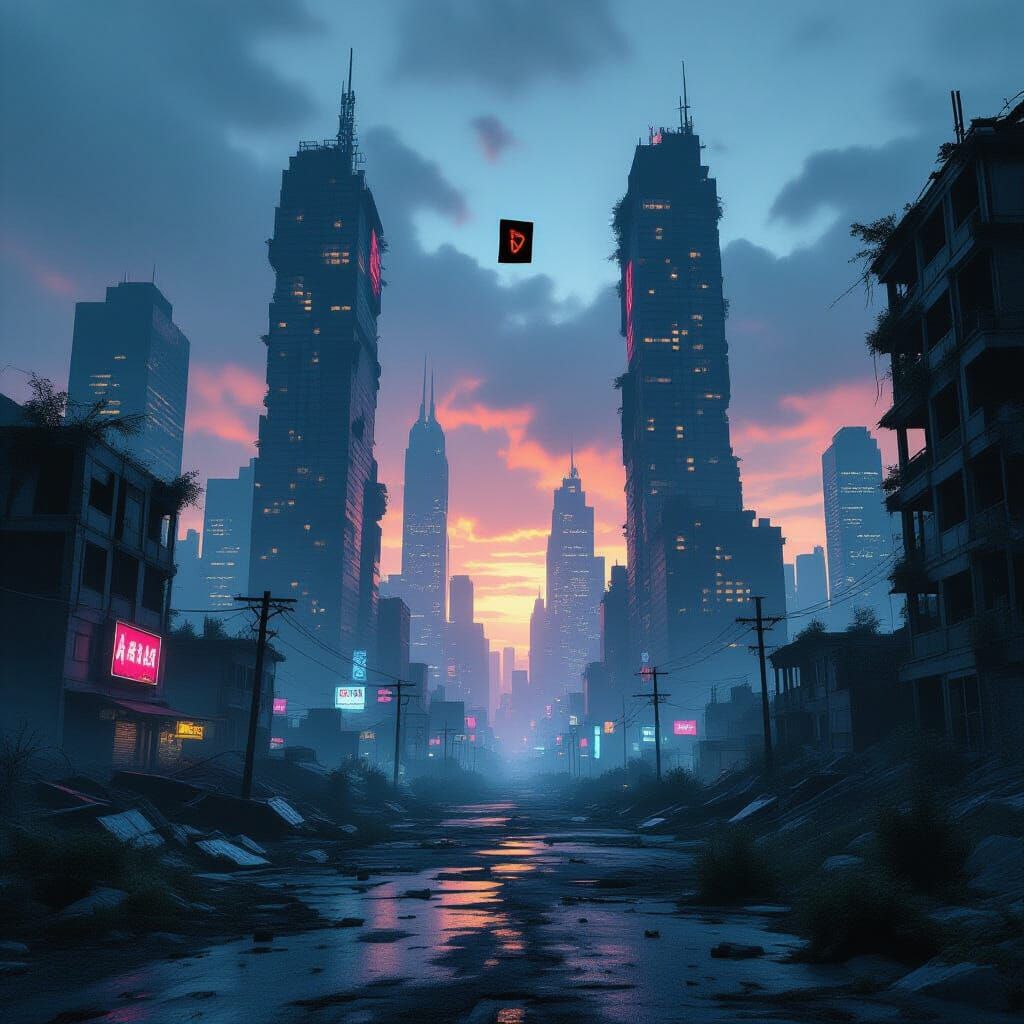 Post-Apocalyptic Cityscape at Dusk, Bioluminescent Flora