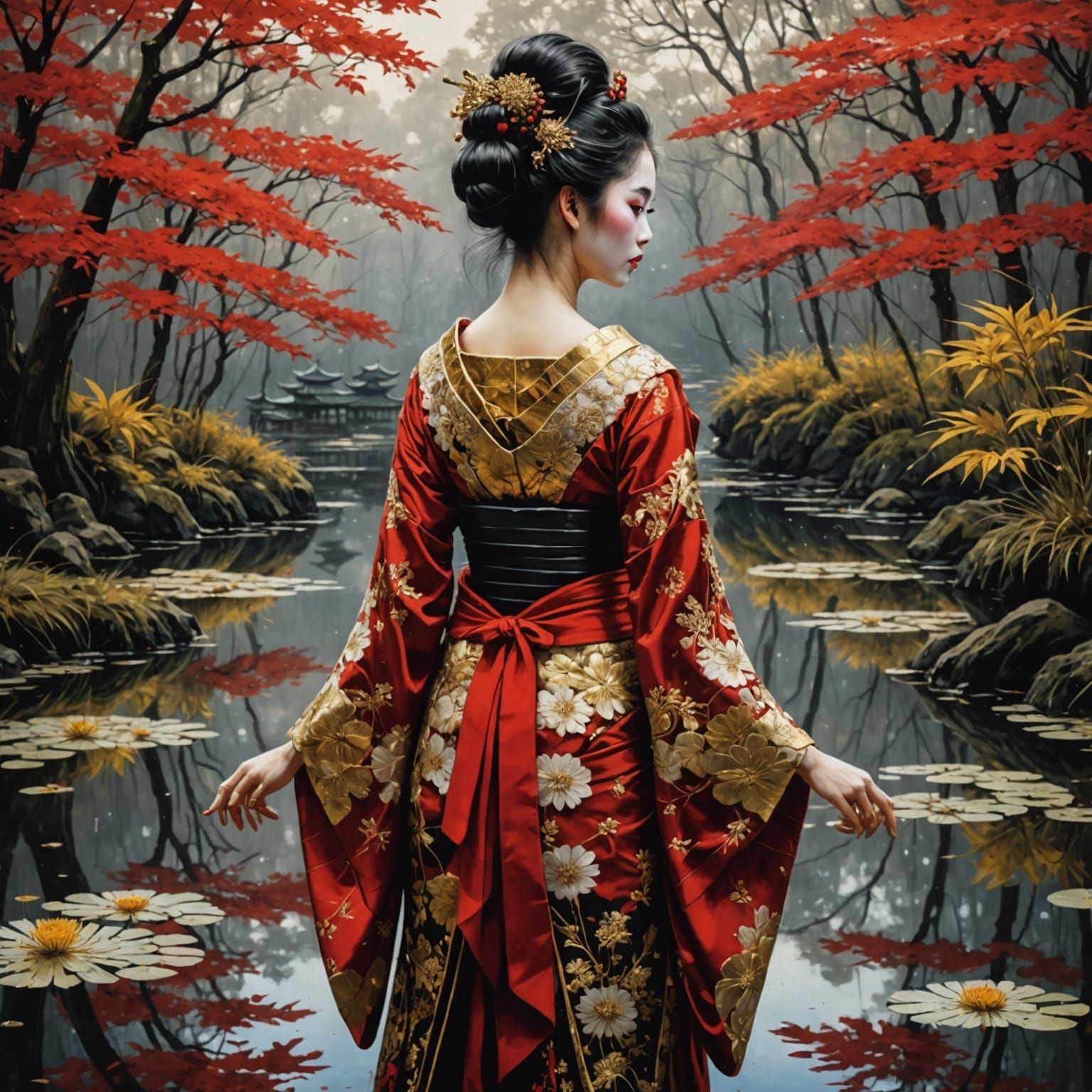 Japanese Geisha in Luxurious Lace Fantasy