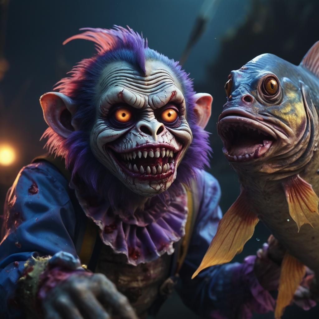 Zombie Monkey Clown Fisherman with Catfish, Hyper-Realistic