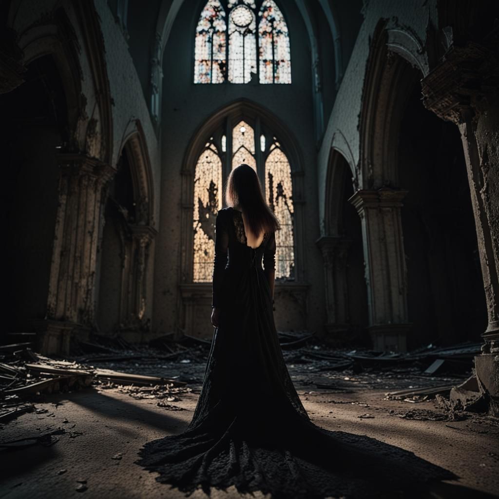 Eerie Gothic Woman in Ruined Church by Candlelight
