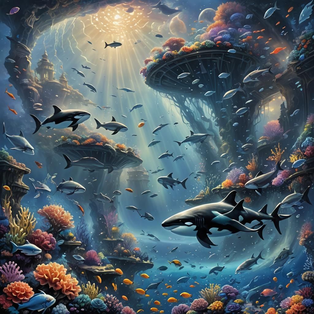 Underwater Kingdom Encased in Bubble, Ethereal Fantasy Art