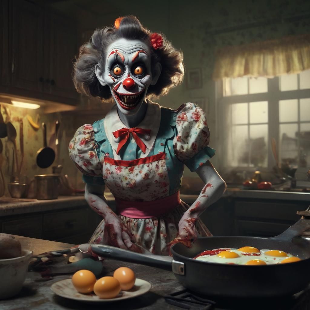 Monster Clown Housewife Scrambling Eggs in Noir Style