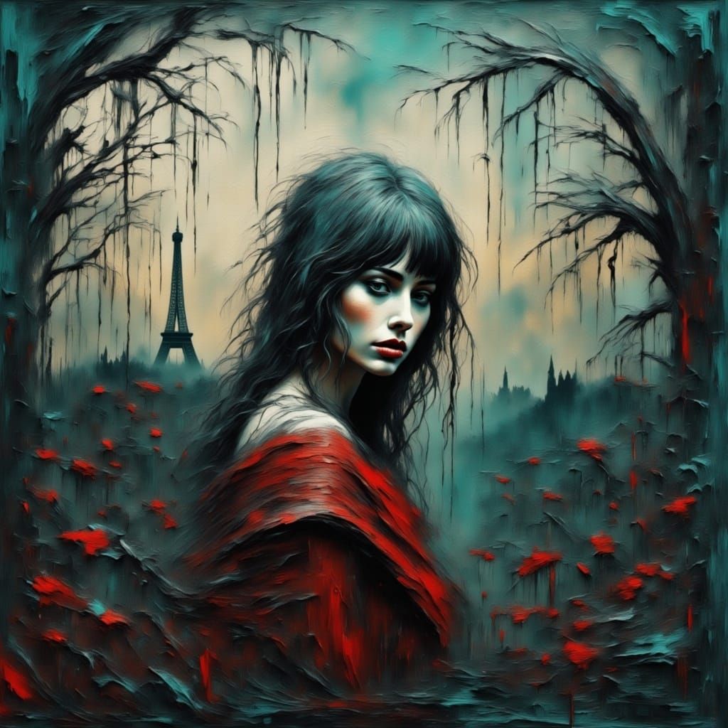 Eiffel Tower Gamine in Rainy Impasto Style