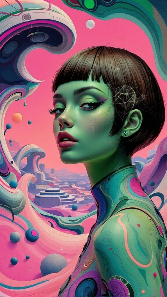 Futuristic Green Portrait in Psychedelic Style