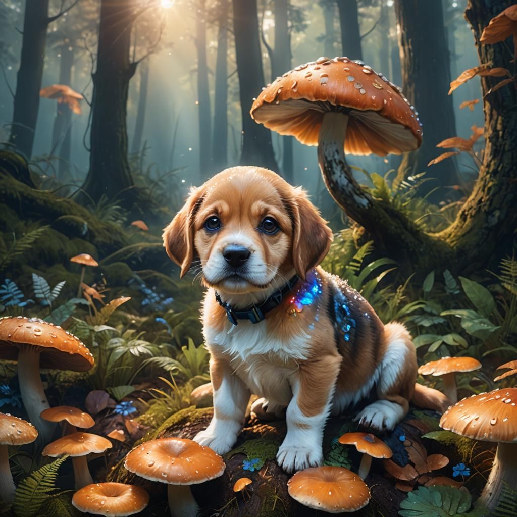 Fluffy Puppy on Mushroom, Hyper-Realistic Digital Art