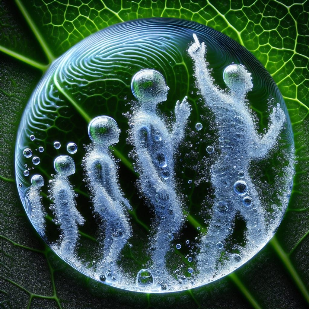Shimmering Dewdrops Become Water People on Leaf