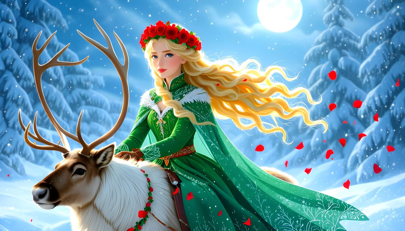 Gerda Rides Reindeer Through Snowy Winter Landscape