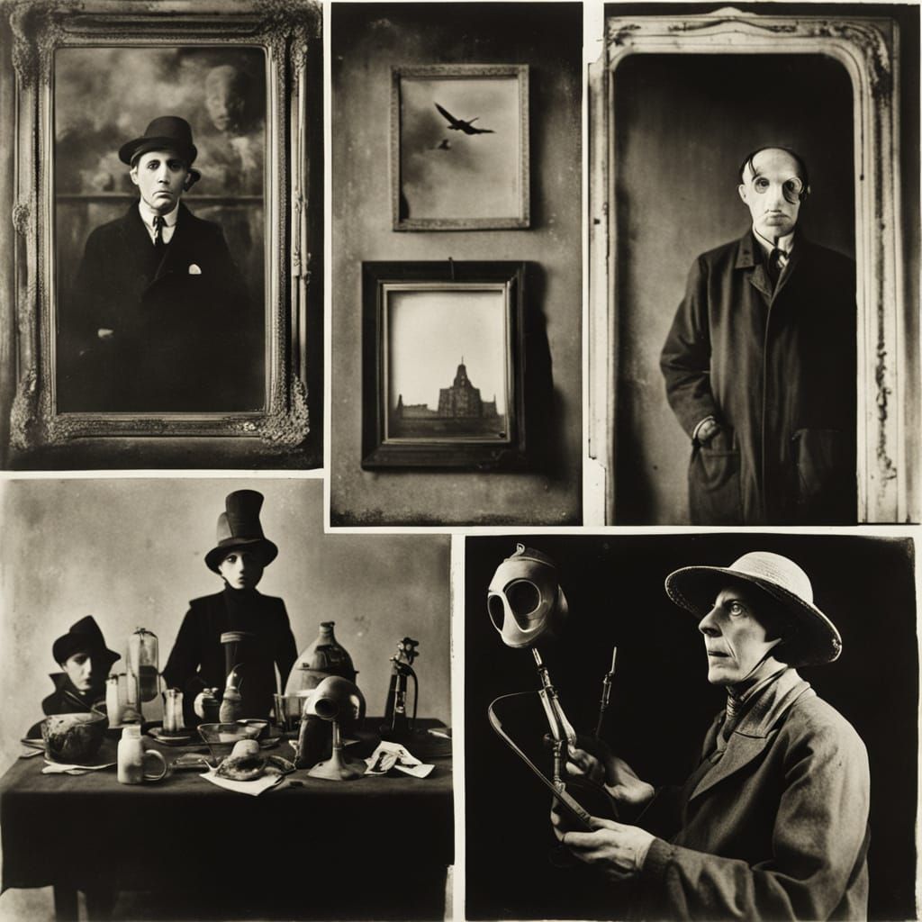 Surreal Doctor in Gas Mask Among Flying Objects in Triptych