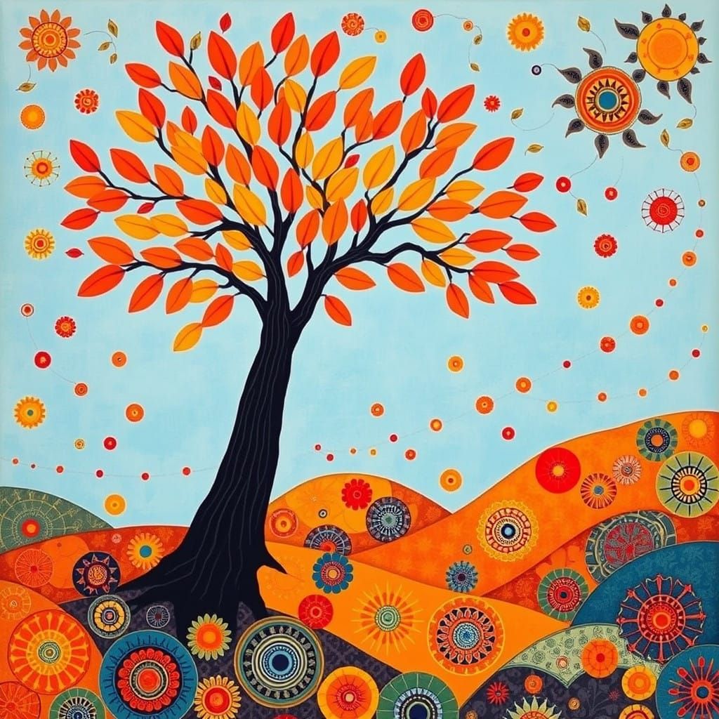 Whimsical Landscape in Vibrant, Folk Art-Inspired Style