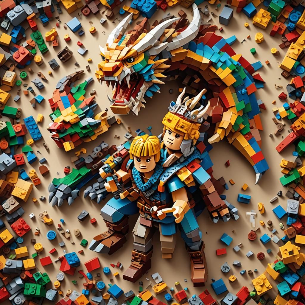 Viking Boy Holding Lego Dragon: Low-Poly 3D Art