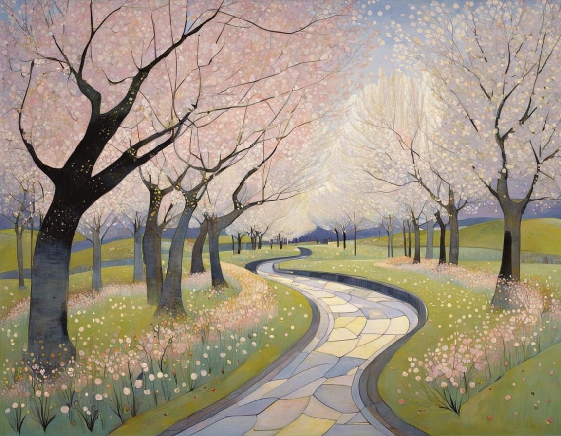 Surreal Cherry Blossom Avenue Unfolds at Dusk